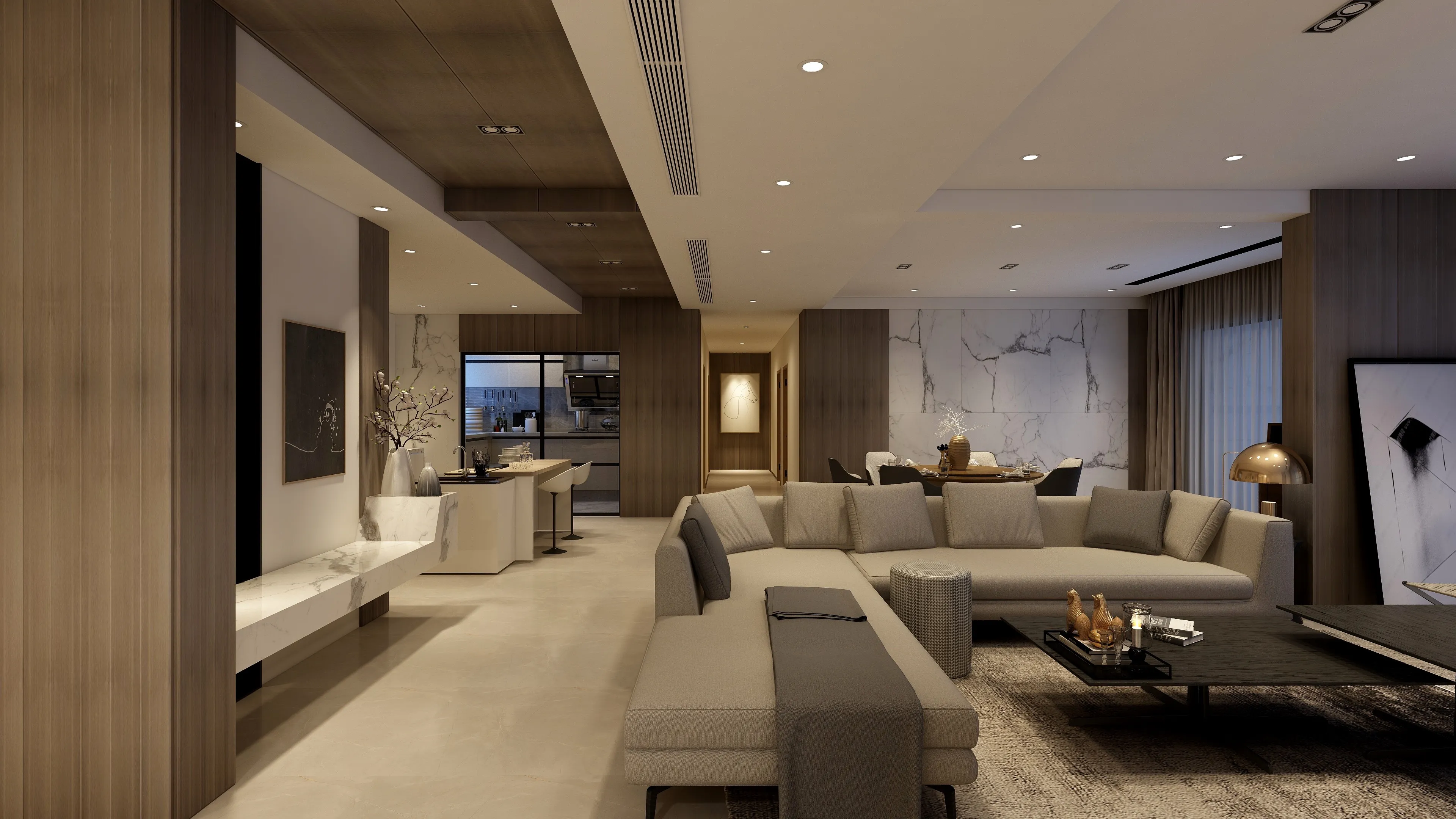Modern living room with beige sofa marble wall panel wood panels and warm ceiling lights