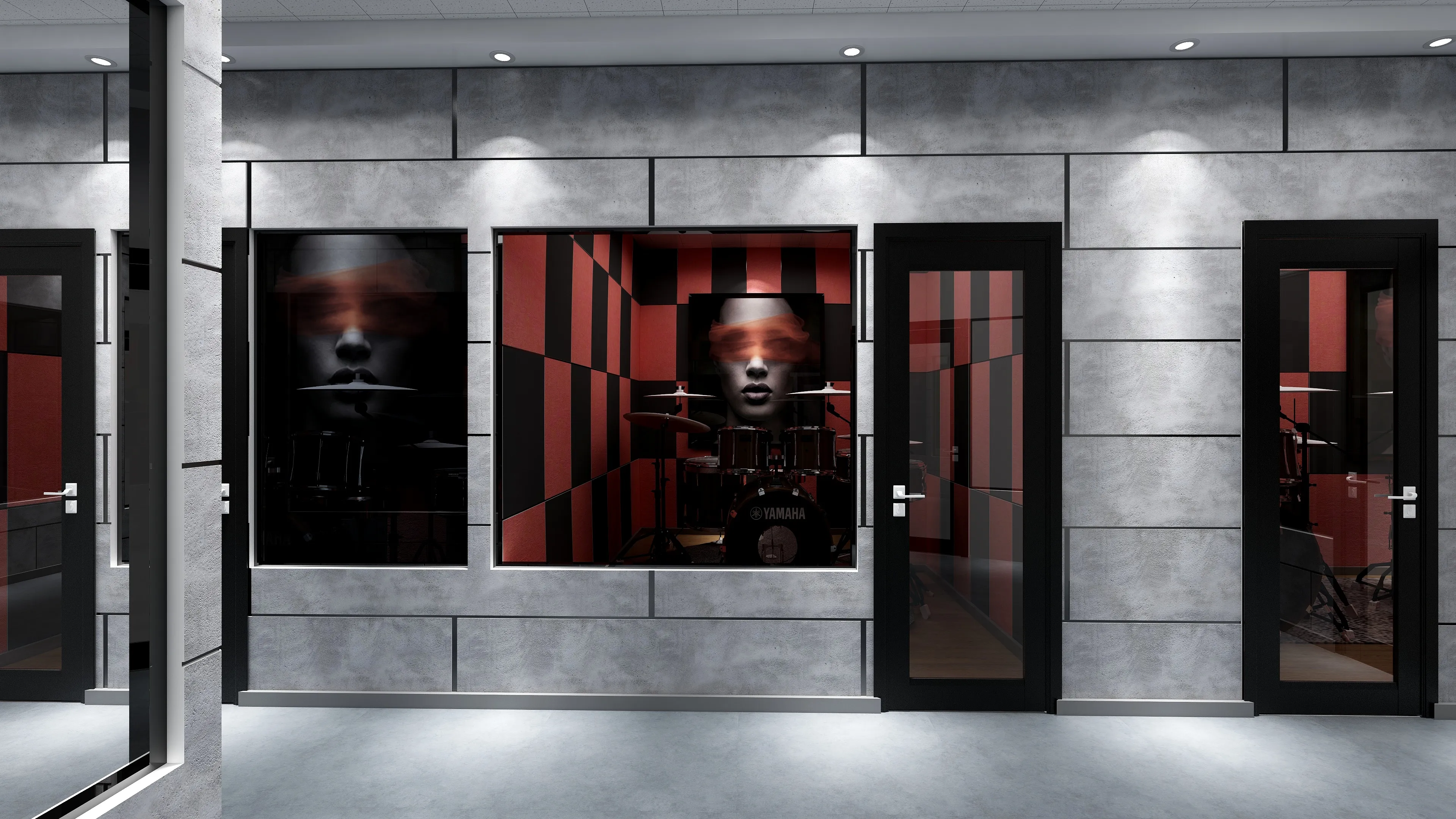 Grey concrete hallway with black doors looking into a music studio with red checkered walls