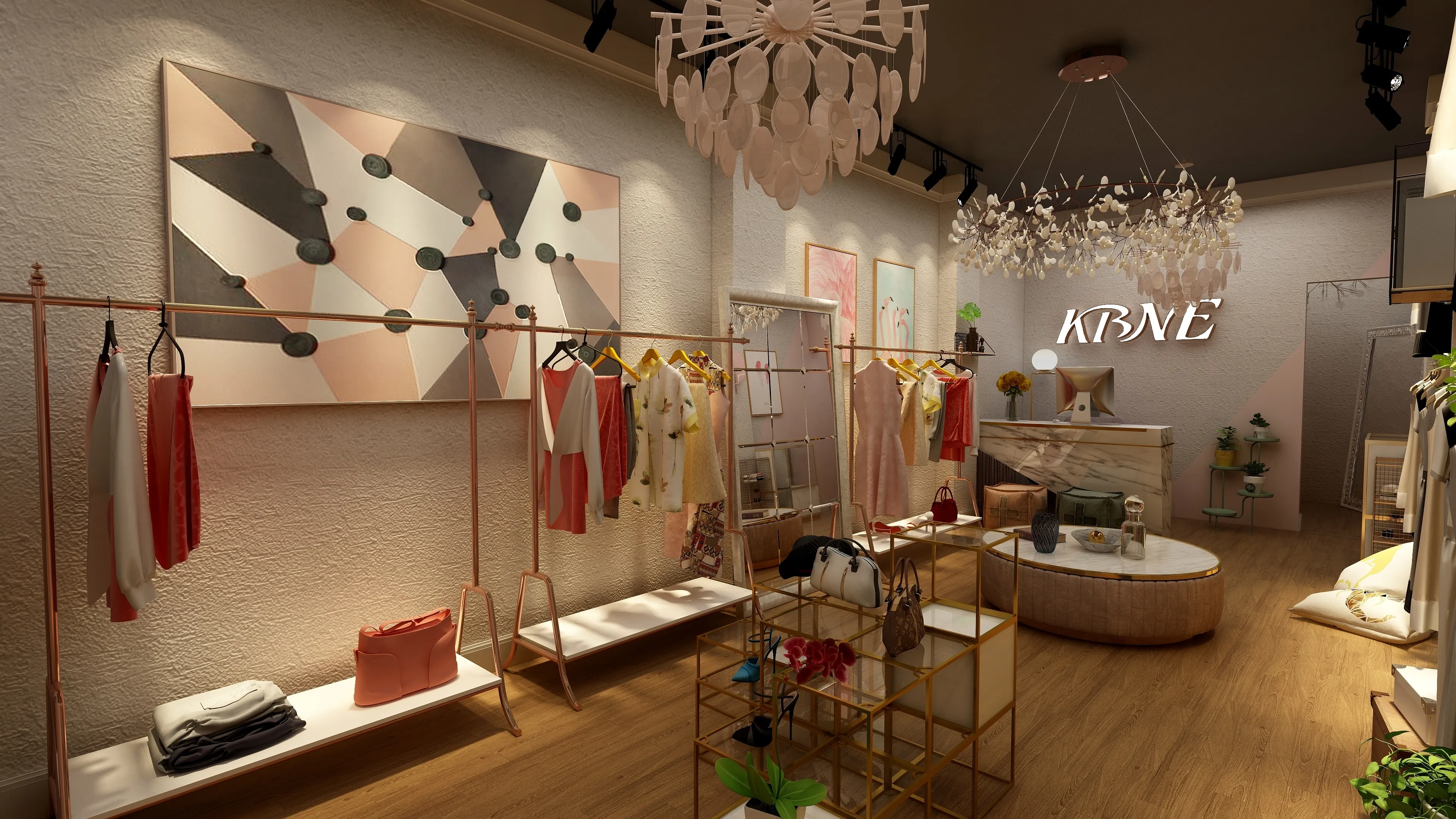 Modern clothing store interior design drawing featuring gold racks, ceiling lights, and light wood flooring