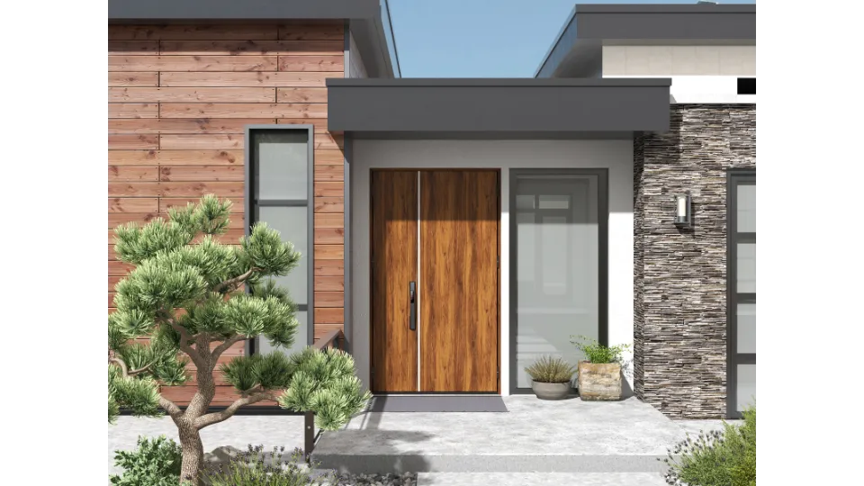 Modern house entrance with wooden double doors, stone walls, wood panels, wall light and plants