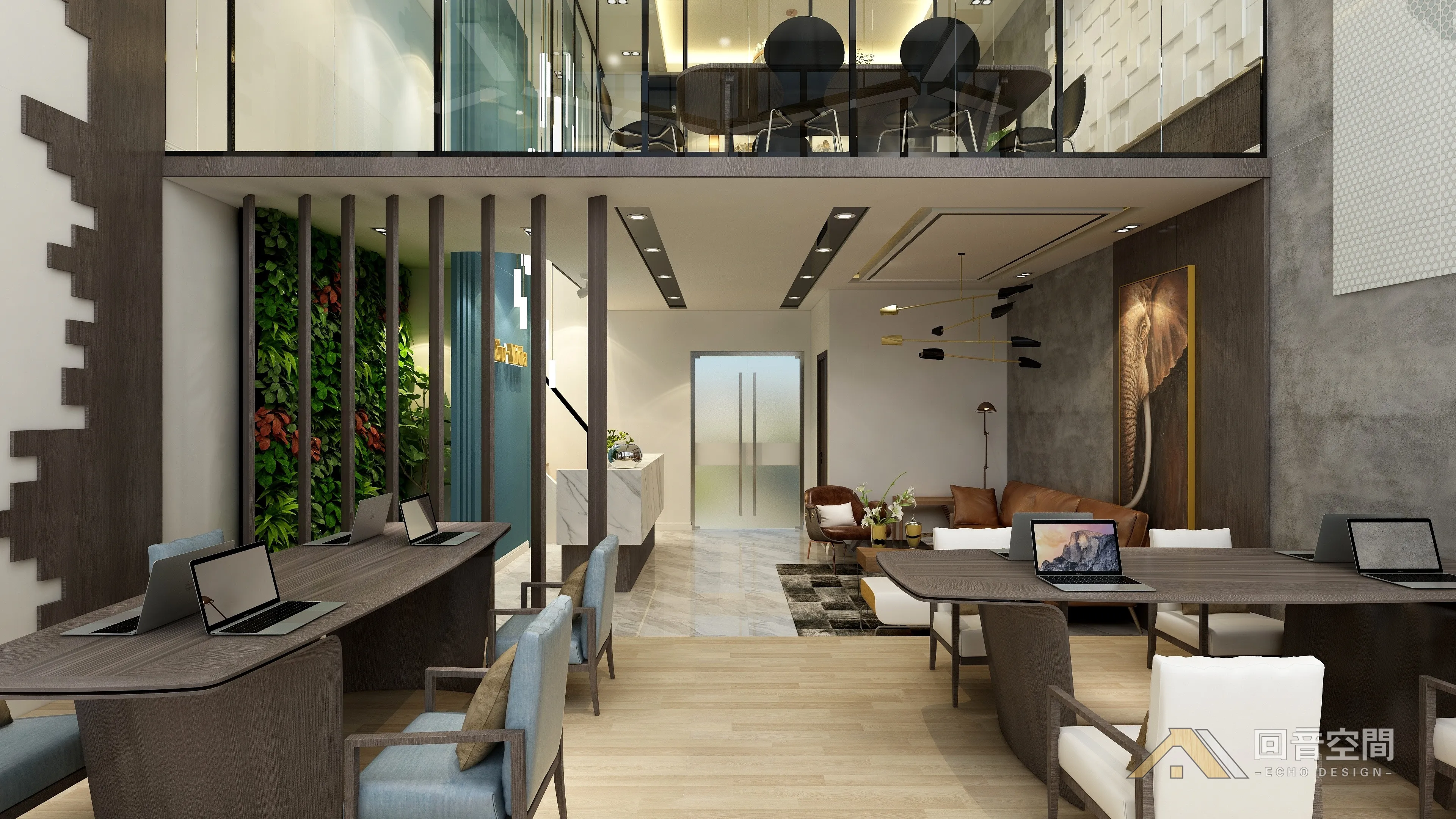 Modern office interior with desks, laptops, green plant wall, leather sofa, and glass meeting room