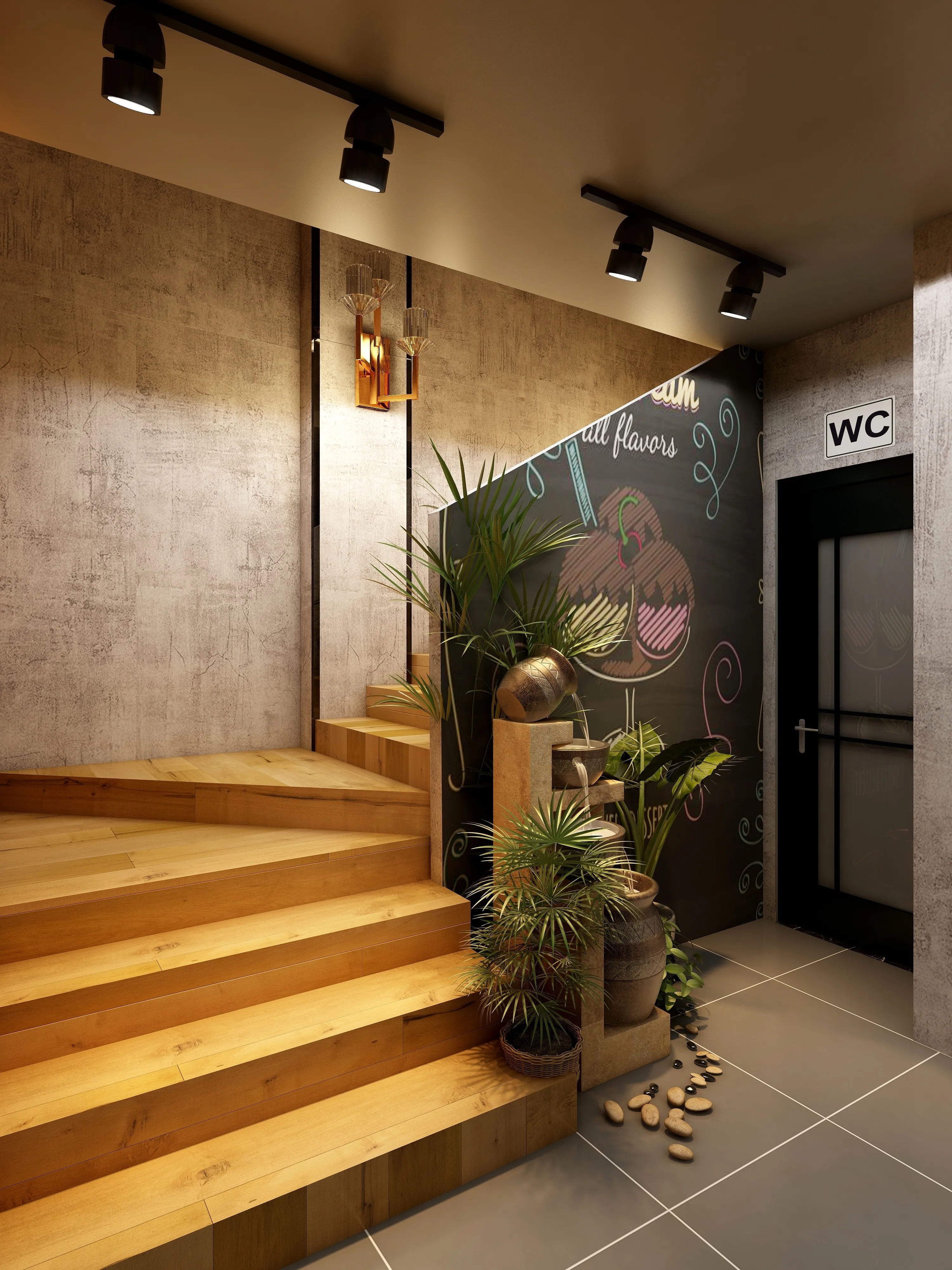 Modern wooden stairs with concrete wall black ceiling lights green indoor plants and bathroom door