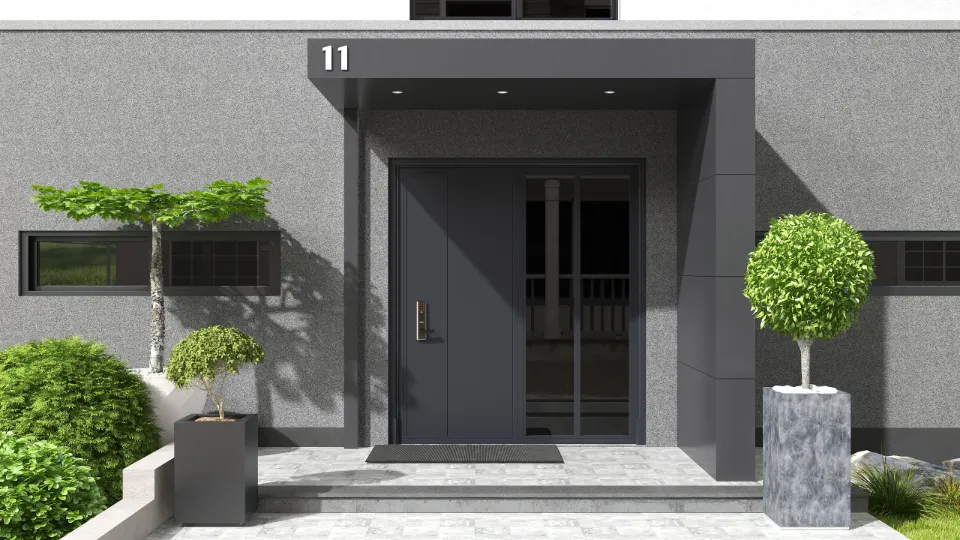 Grey modern home entrance with dark door, house number eleven, green plants, and tiled porch