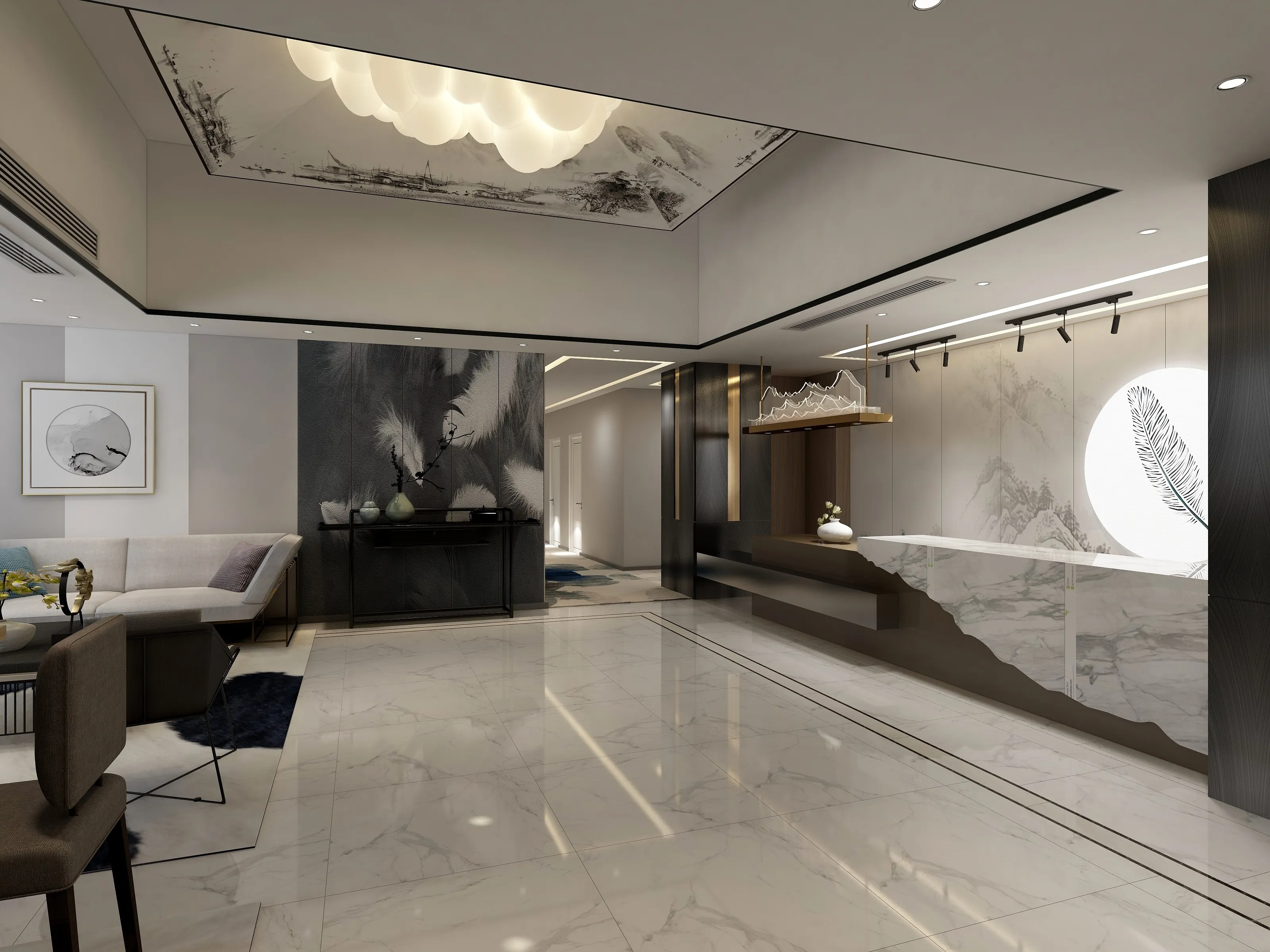 Modern reception area with marble floor, white desk, grey sofa, artistic walls, and ceiling light