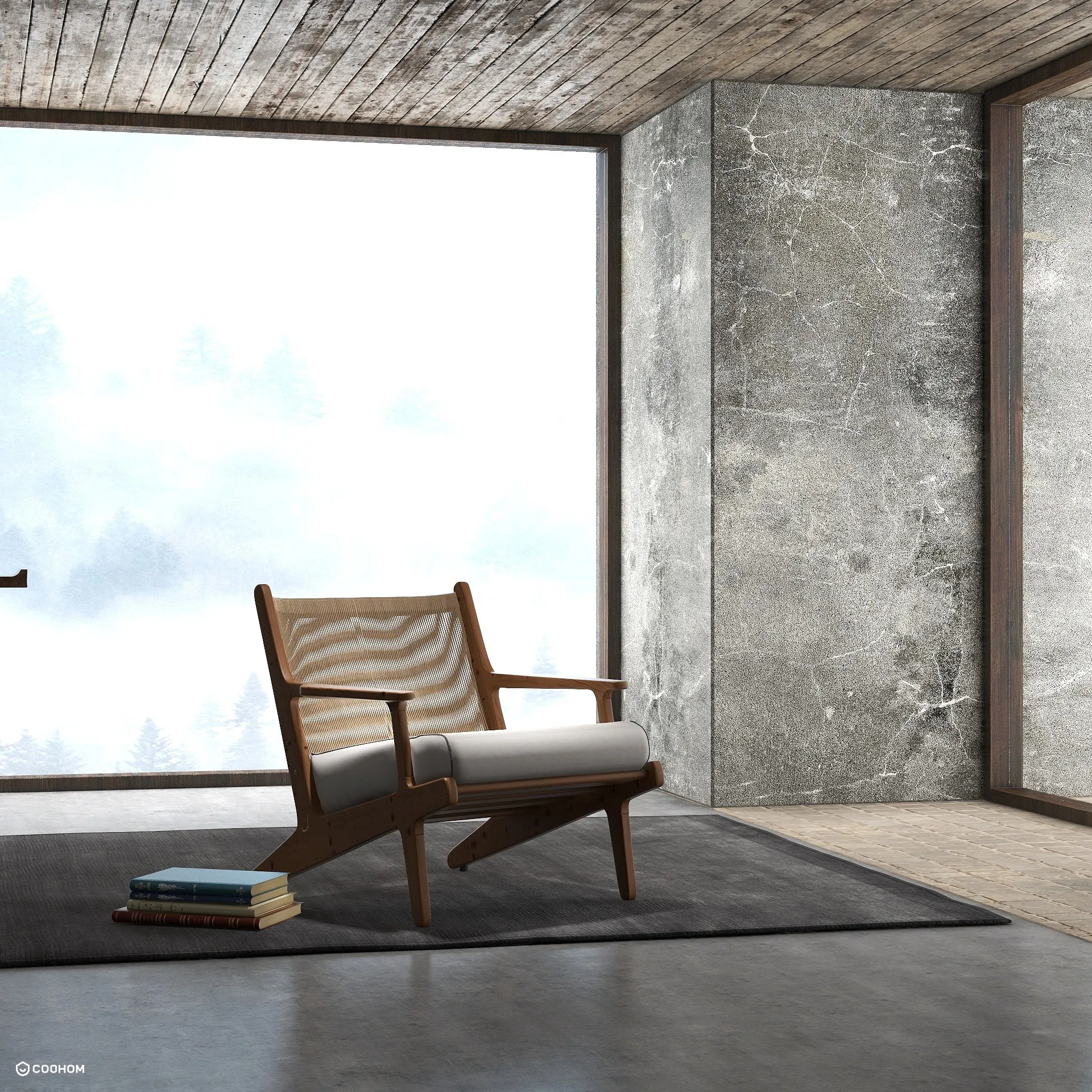 Minimalist wooden chair on rug beside concrete wall and window overlooking a foggy forest view