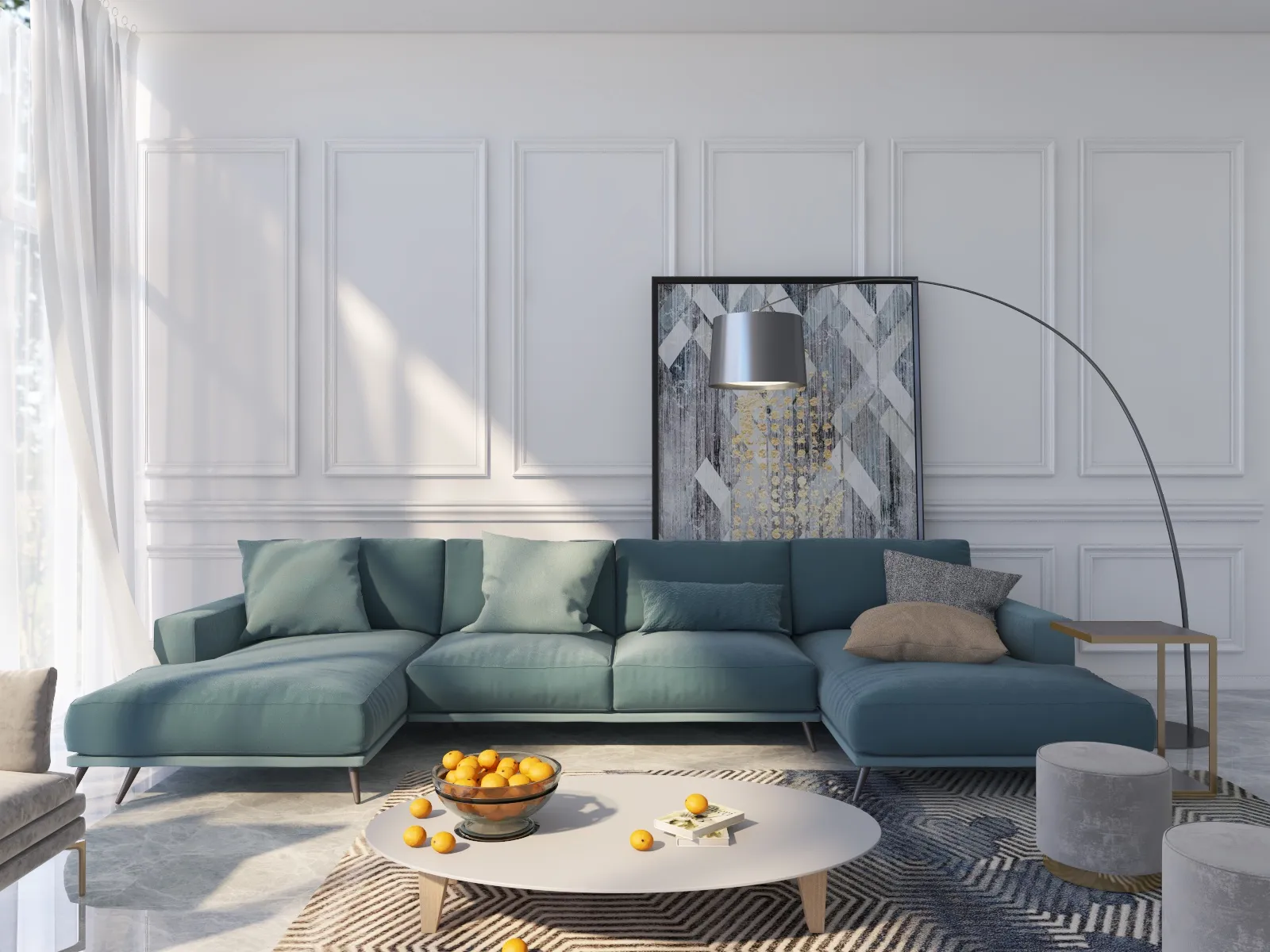Modern living room featuring blue sofa, white wall panels, curved floor lamp, and patterned rug