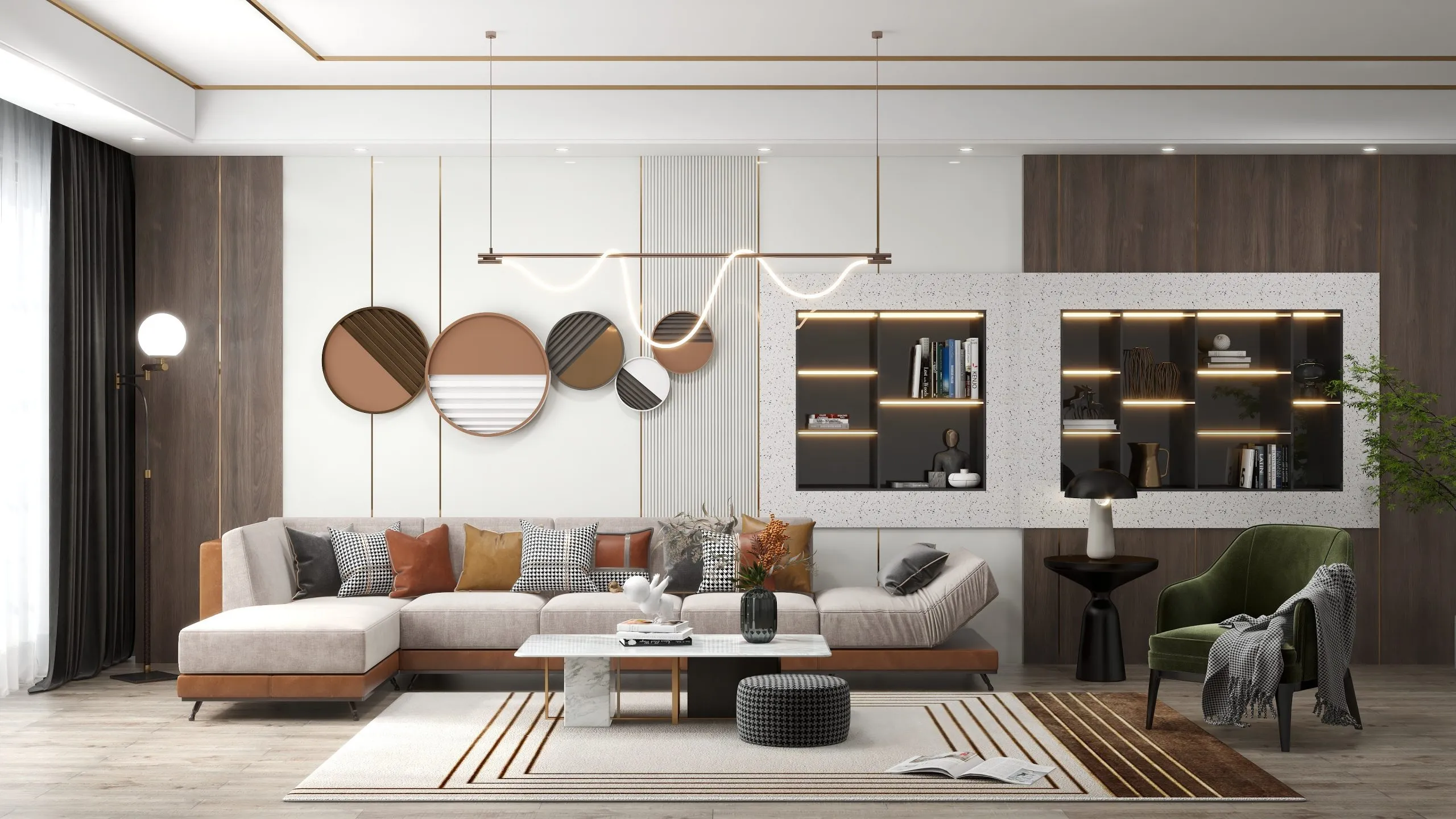 Modern living room with beige sofa marble coffee table green armchair wall art ceiling light