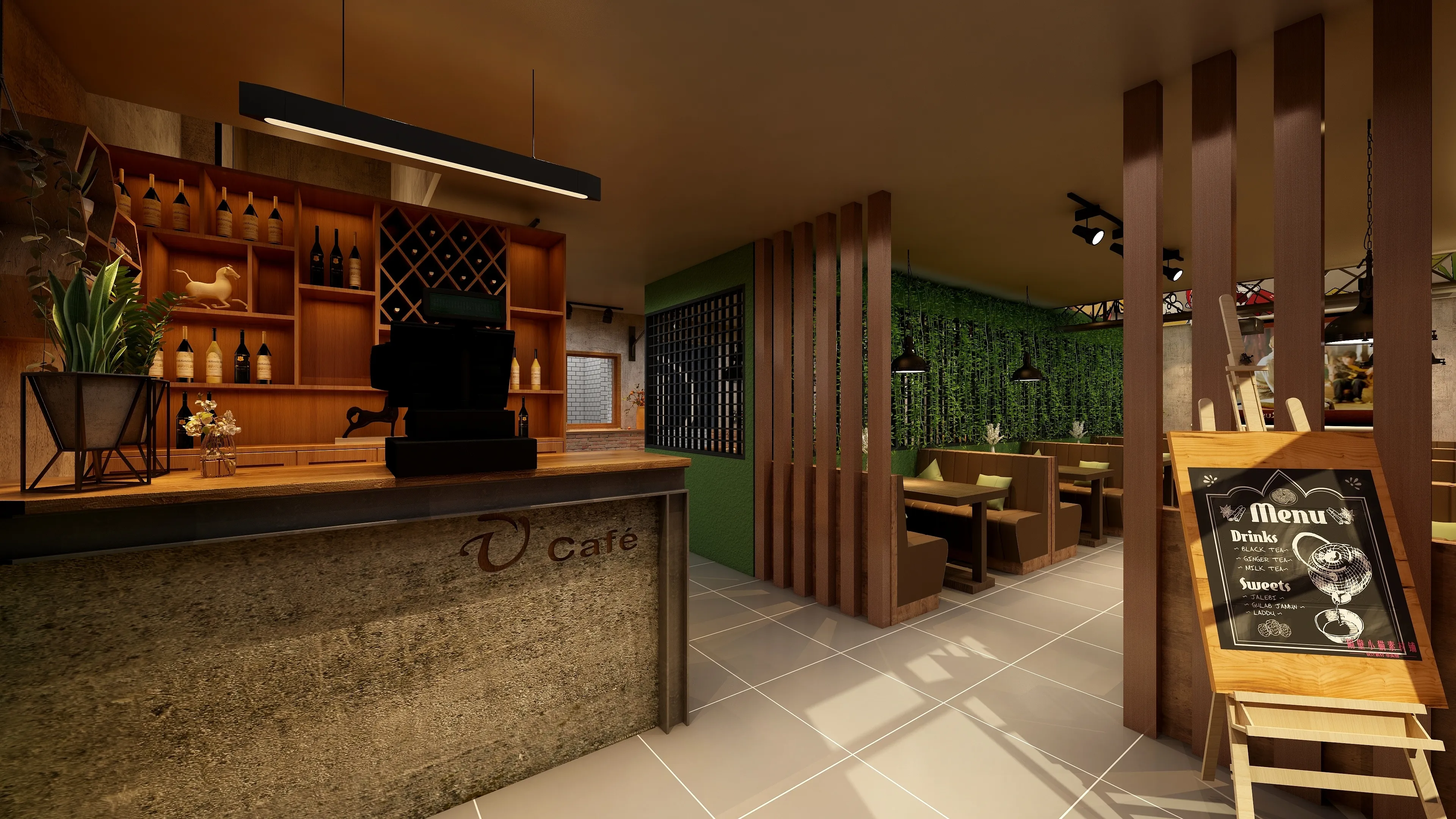 Modern cafe interior design drawing with wooden counter menu board green wall and ceiling light