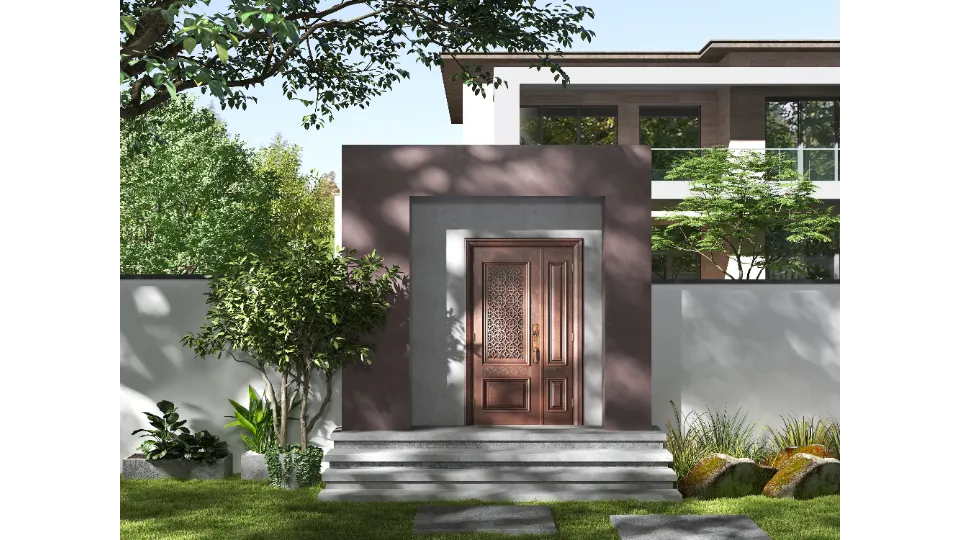 Modern house entrance with a brown metal door, stone steps, green trees, and white walls