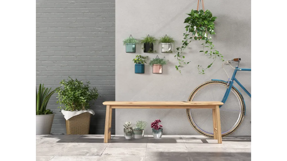 Wooden bench next to blue bicycle against grey wall with many small hanging green plants