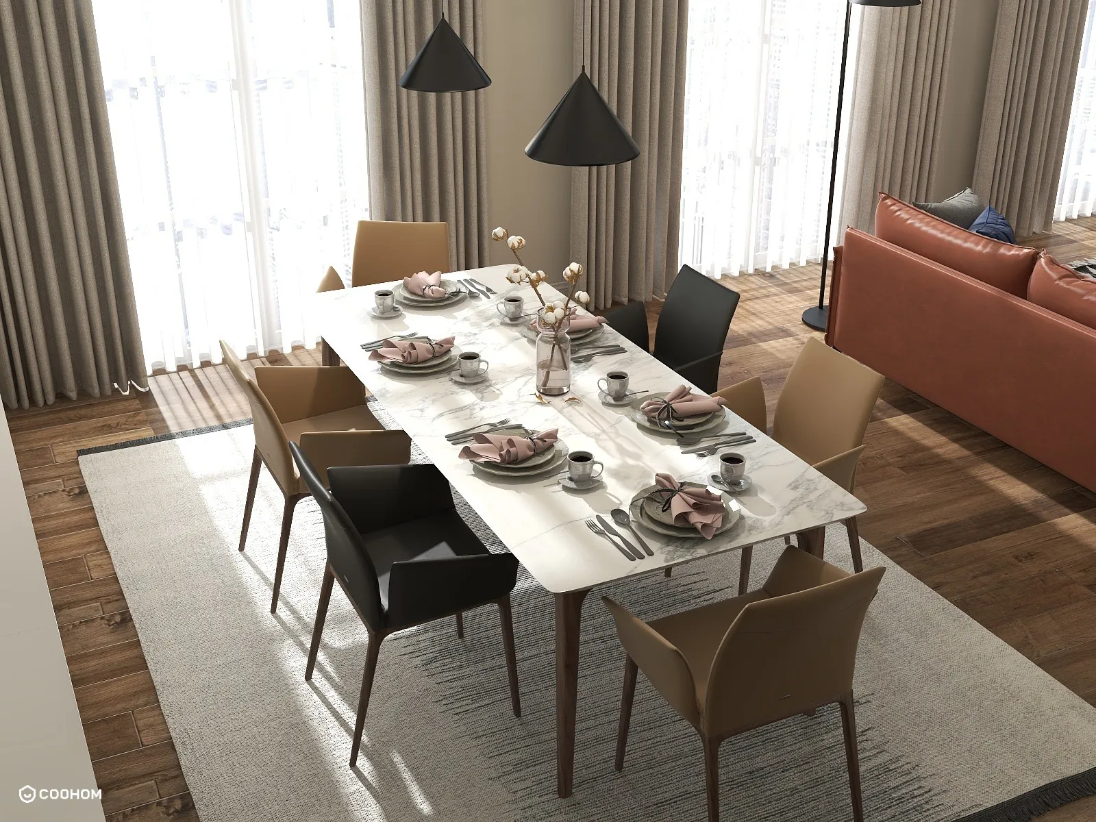 Modern dining room with marble table, black ceiling lights, brown chairs, rug, and large windows