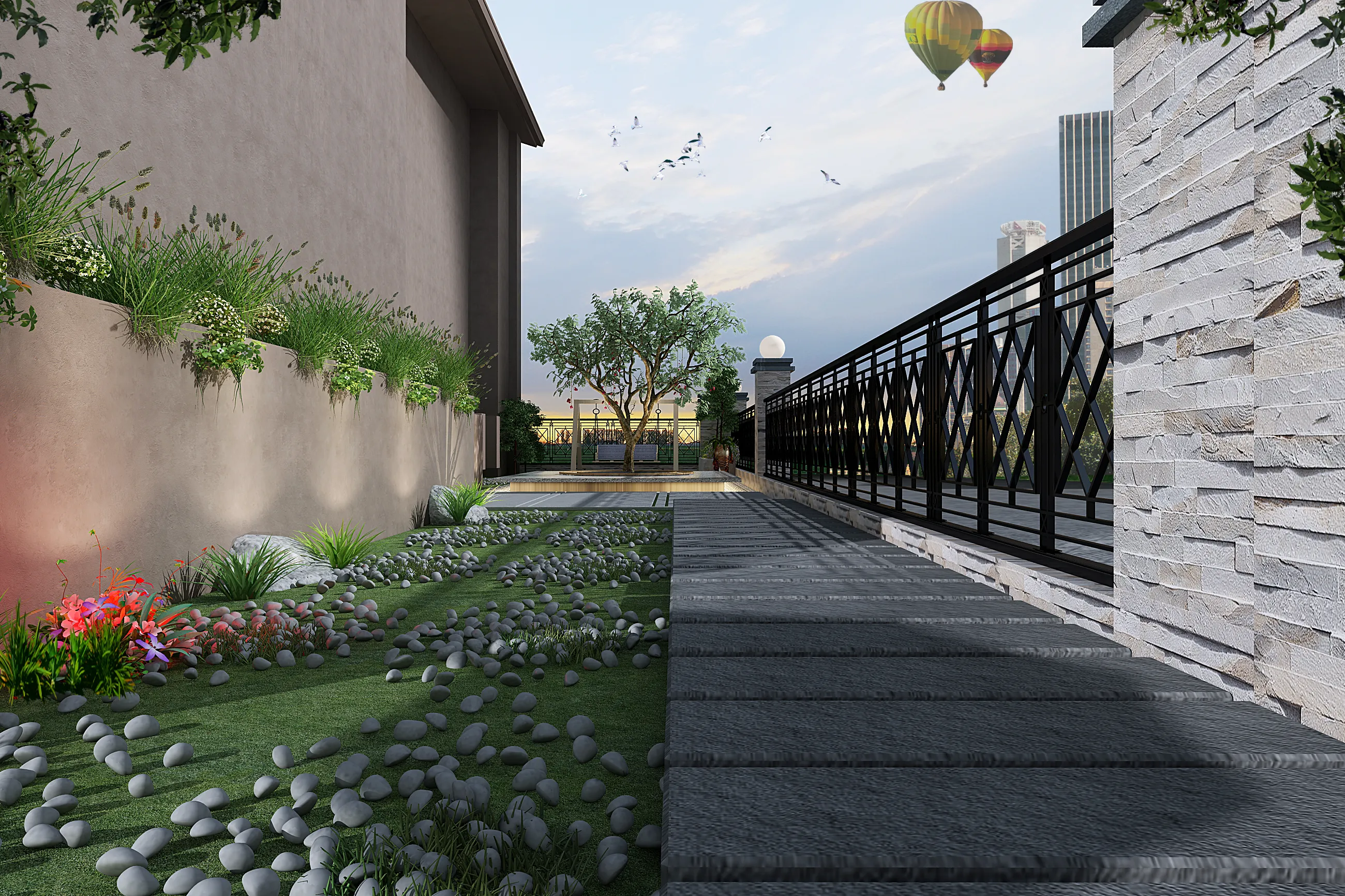 Modern rooftop garden with stone path black railing green grass pebbles tree and city view