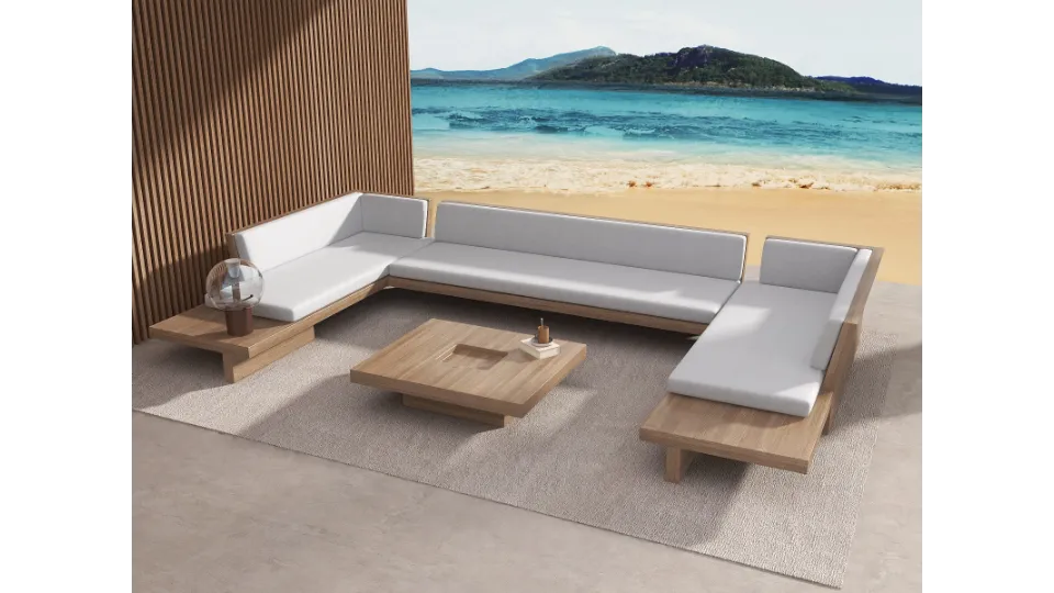 Modern wooden sofa set with white cushions on a rug with a beautiful beach background