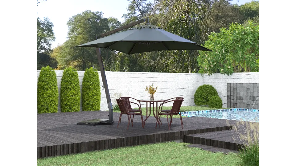 Outdoor patio with large grey sun umbrella brown dining set wooden deck green grass pool