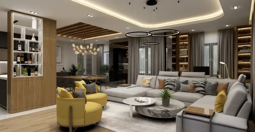Modern living room with grey sofa yellow chairs marble coffee table and open dining area