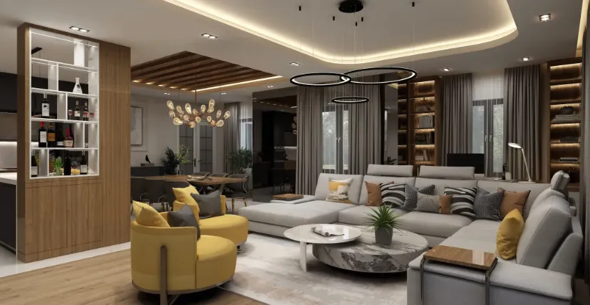 Modern living room design with grey sofa yellow armchairs marble table and black ceiling lights