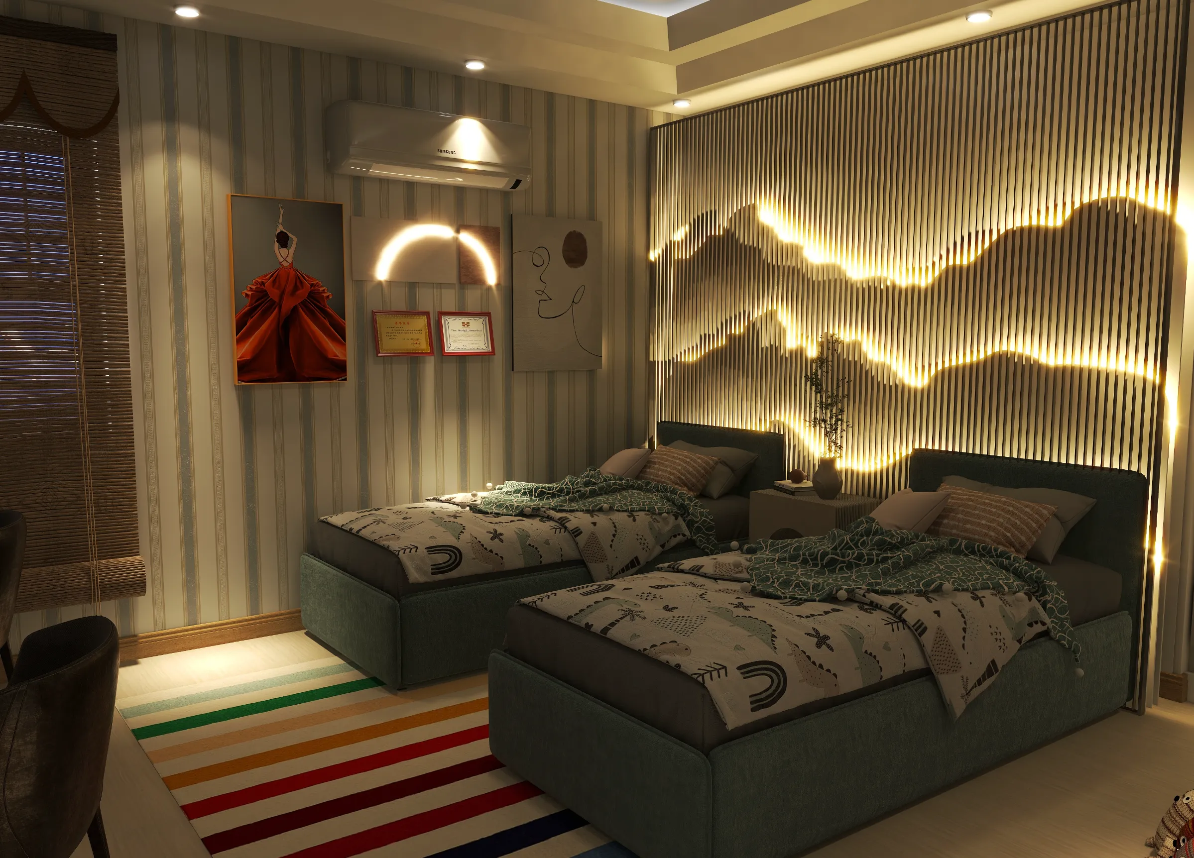 Modern kids bedroom featuring two single beds with a decorative glowing wall panel and rug