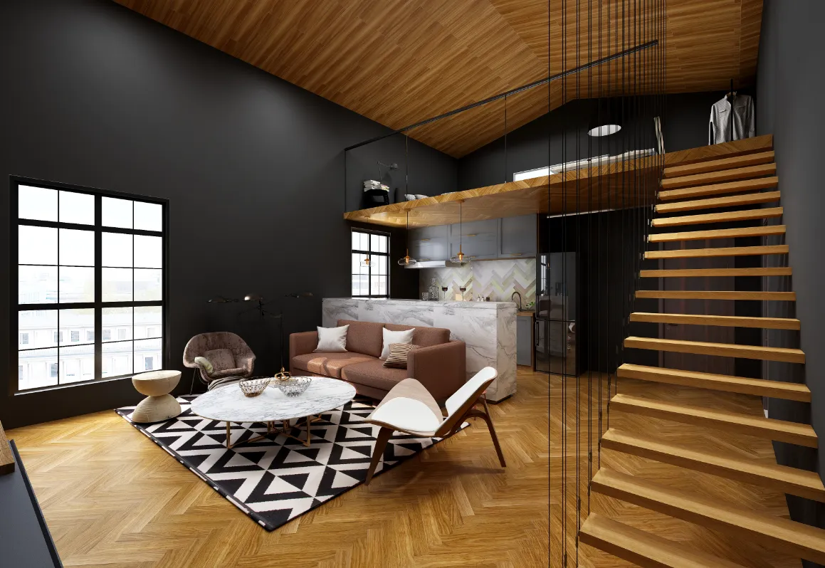 Modern living room with brown sofa marble table geometric rug wooden stairs and mezzanine loft