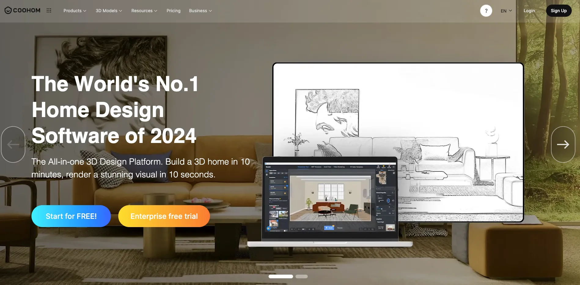 Coohom home design software website showing laptop with interior design drawing and modern living room