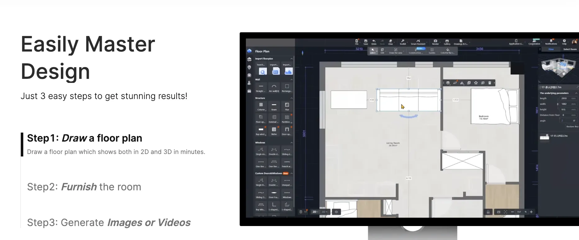 Coohom online floor plan editor showing a house layout with bedroom and living room furniture