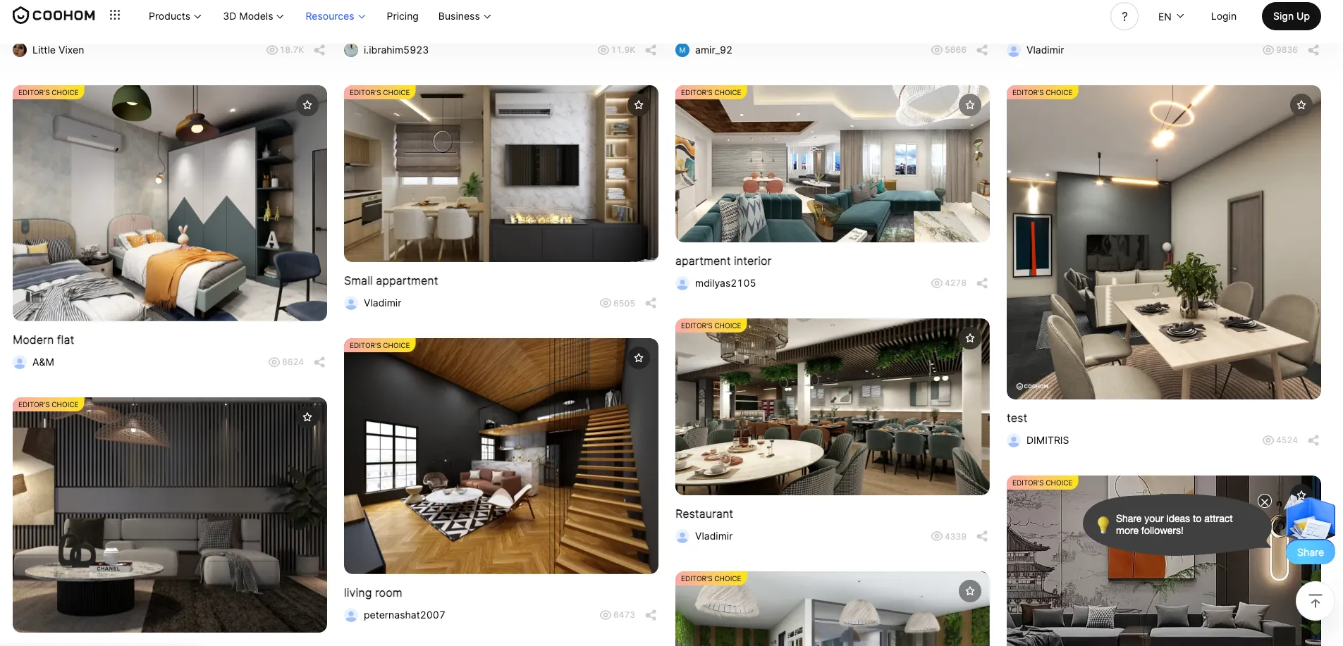 Coohom website gallery page showing various room designs with user names and social engagement metrics