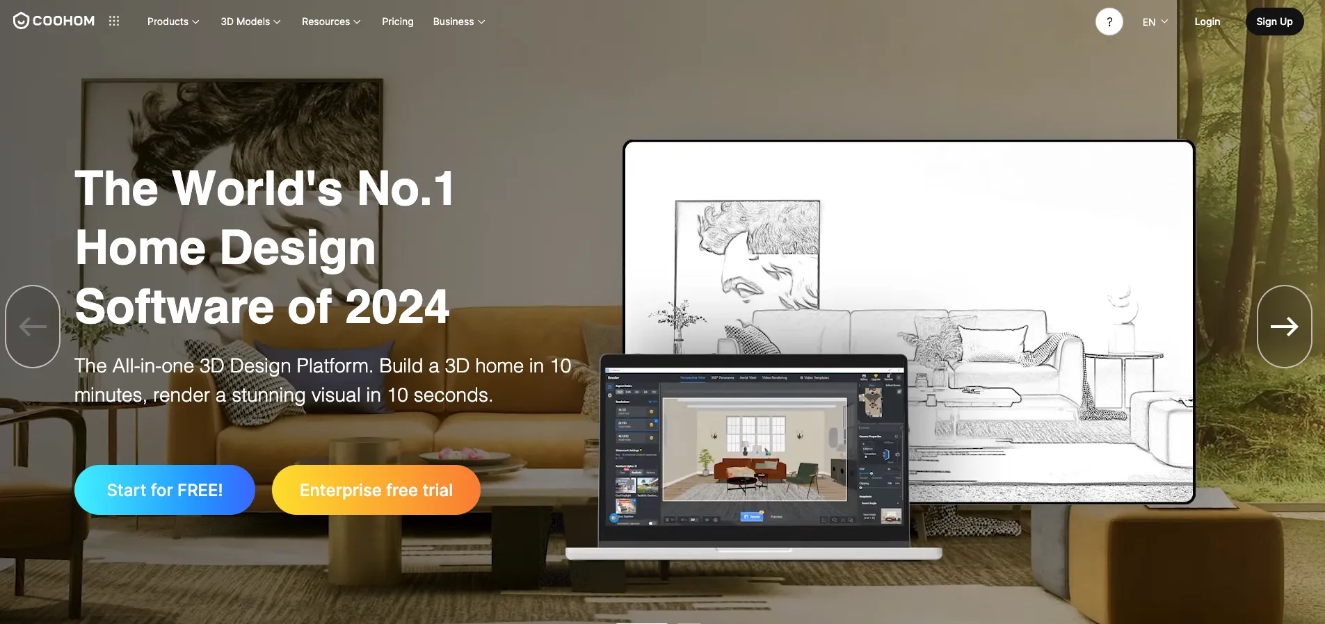 Coohom homepage featuring 3D design software on a laptop with an interior design drawing overlay