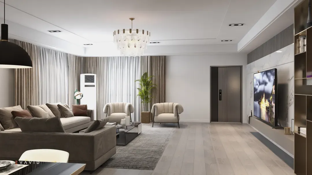 Modern living room design with grey sofa two armchairs wooden floor television and ceiling light