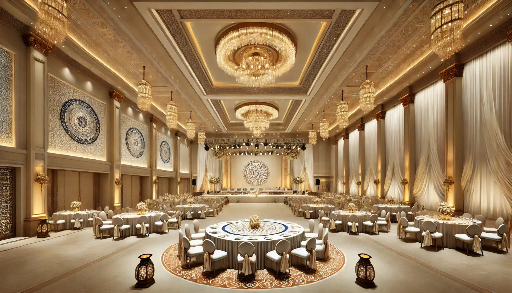 Luxurious grand ballroom with round dining tables white chairs gold ceiling lights and elegant curtains
