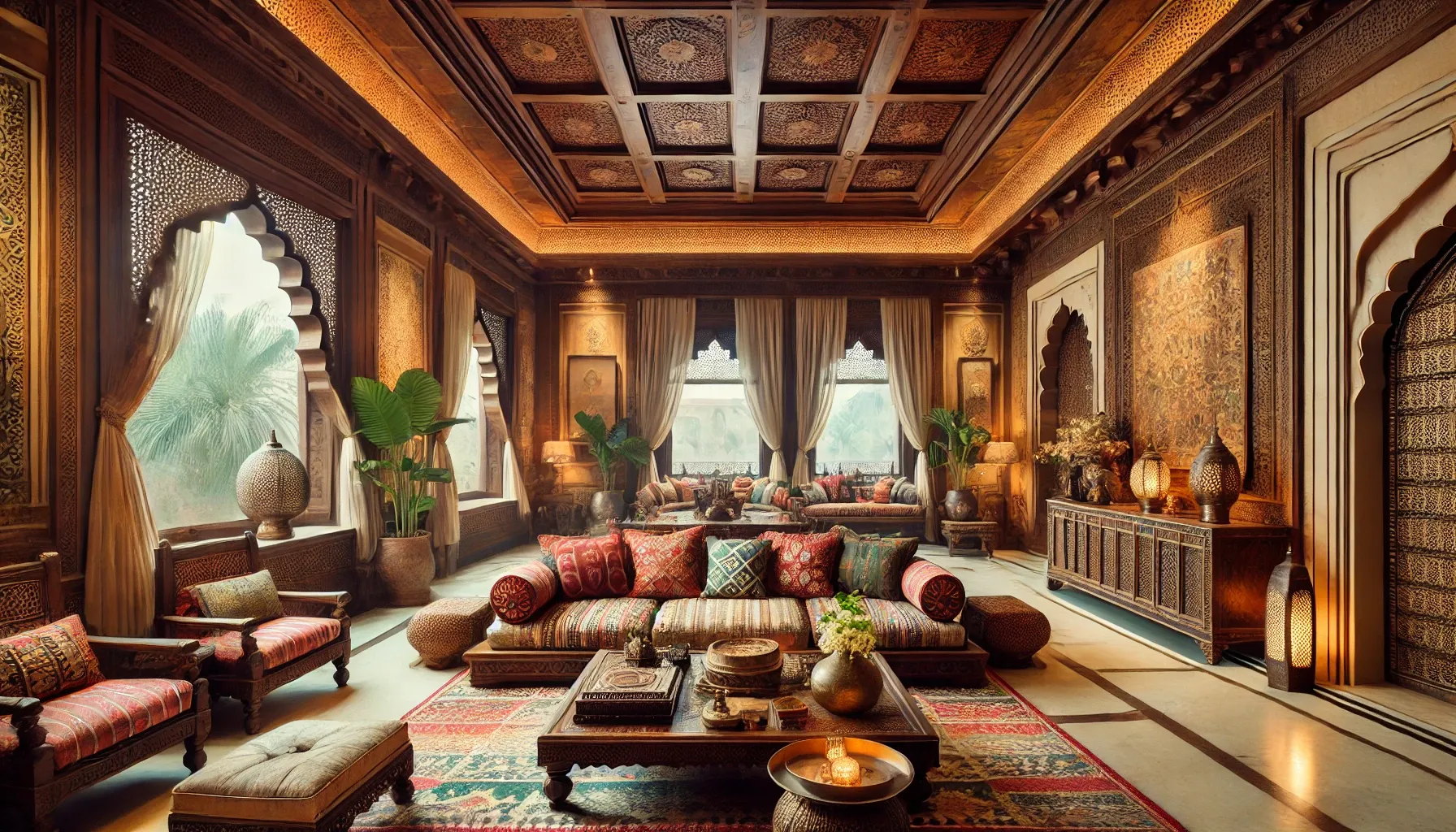 Traditional living room with carved wood walls, patterned rugs, colorful sofa cushions, and warm ceiling lights