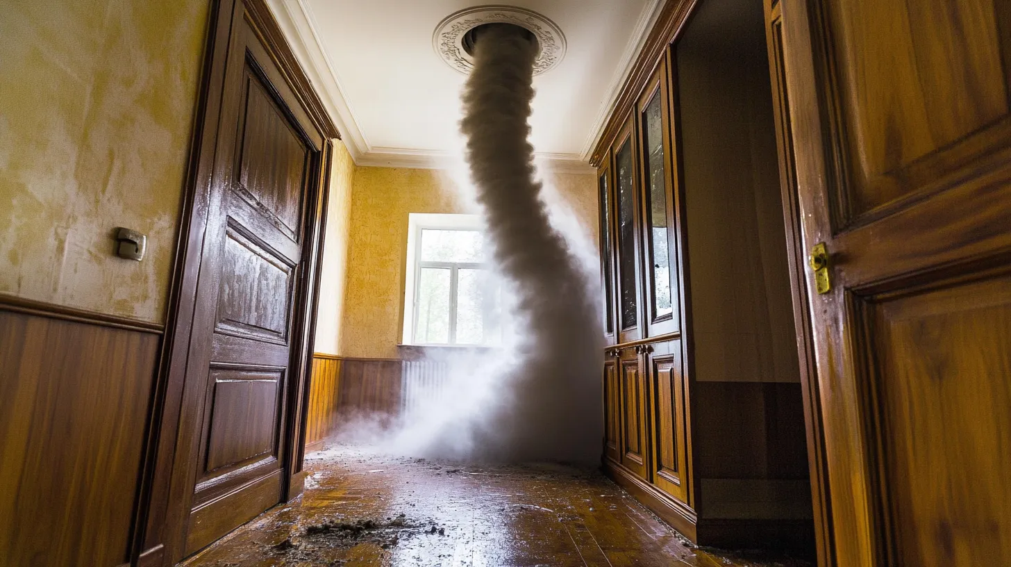 Small dark tornado spinning in wooden hallway with tall brown cabinets and a bright window