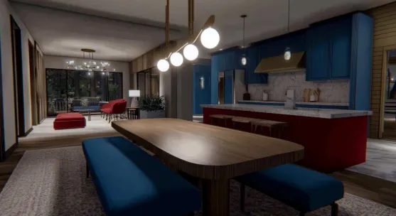 Modern open plan dining area with wood table blue benches red kitchen island ceiling light