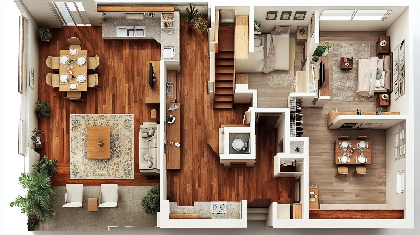 Top down interior design drawing of a modern apartment showing kitchen living room and furniture