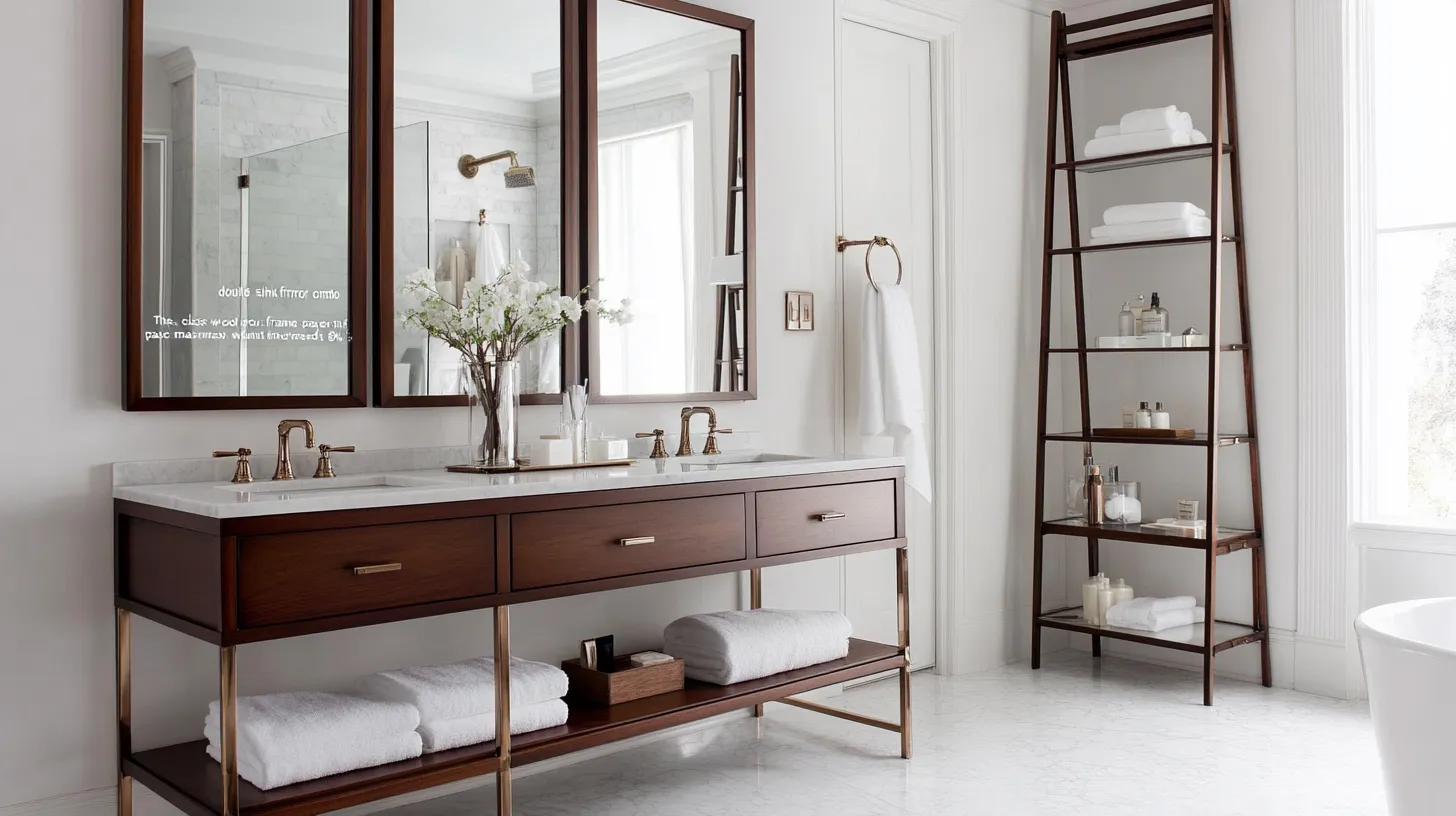 Double sink bathroom cabinet with wooden mirrors and a tall shelf for holding white towels