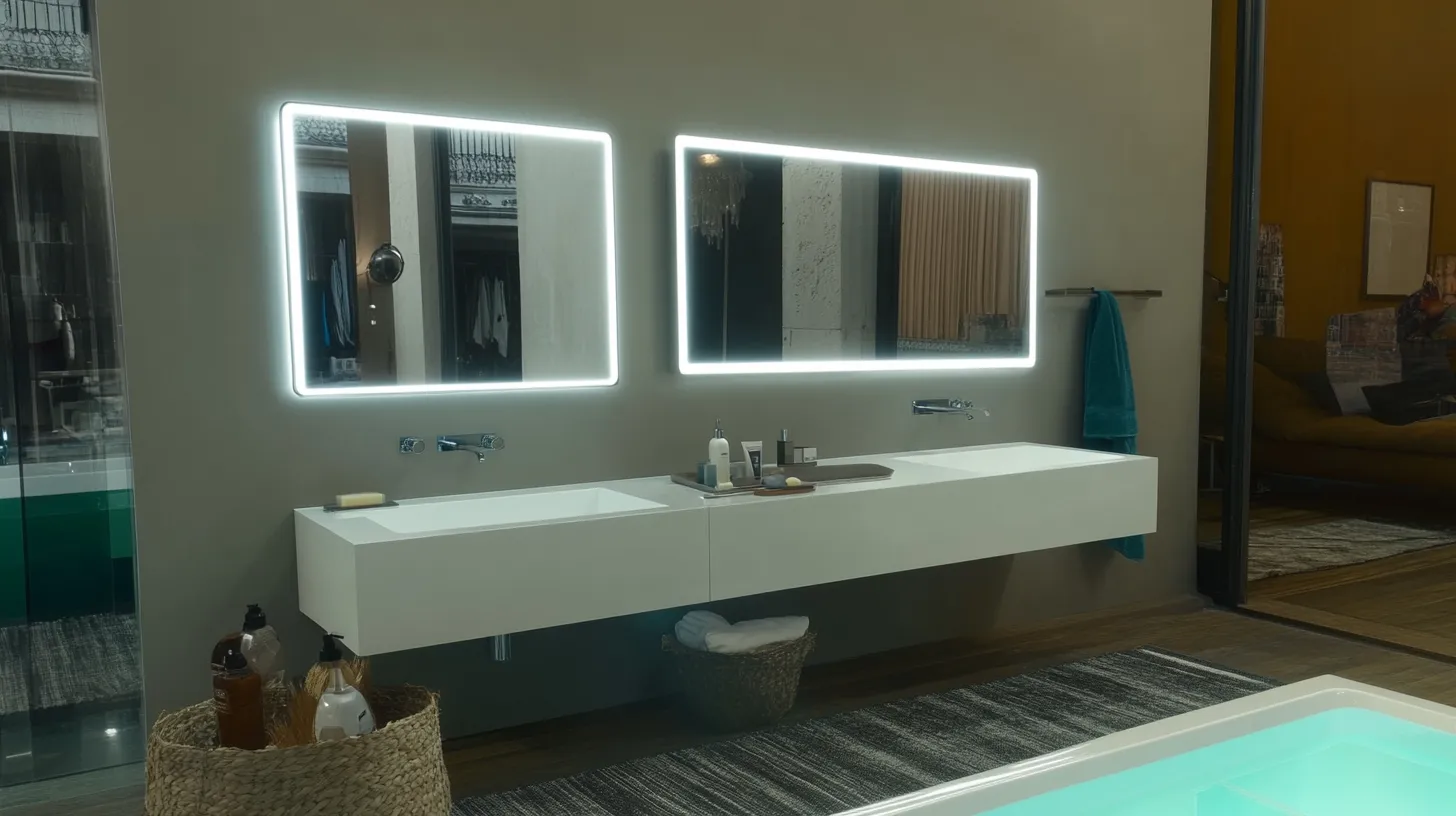 Modern bathroom with white double sink vanity, two lighted mirrors, grey walls and wooden floor