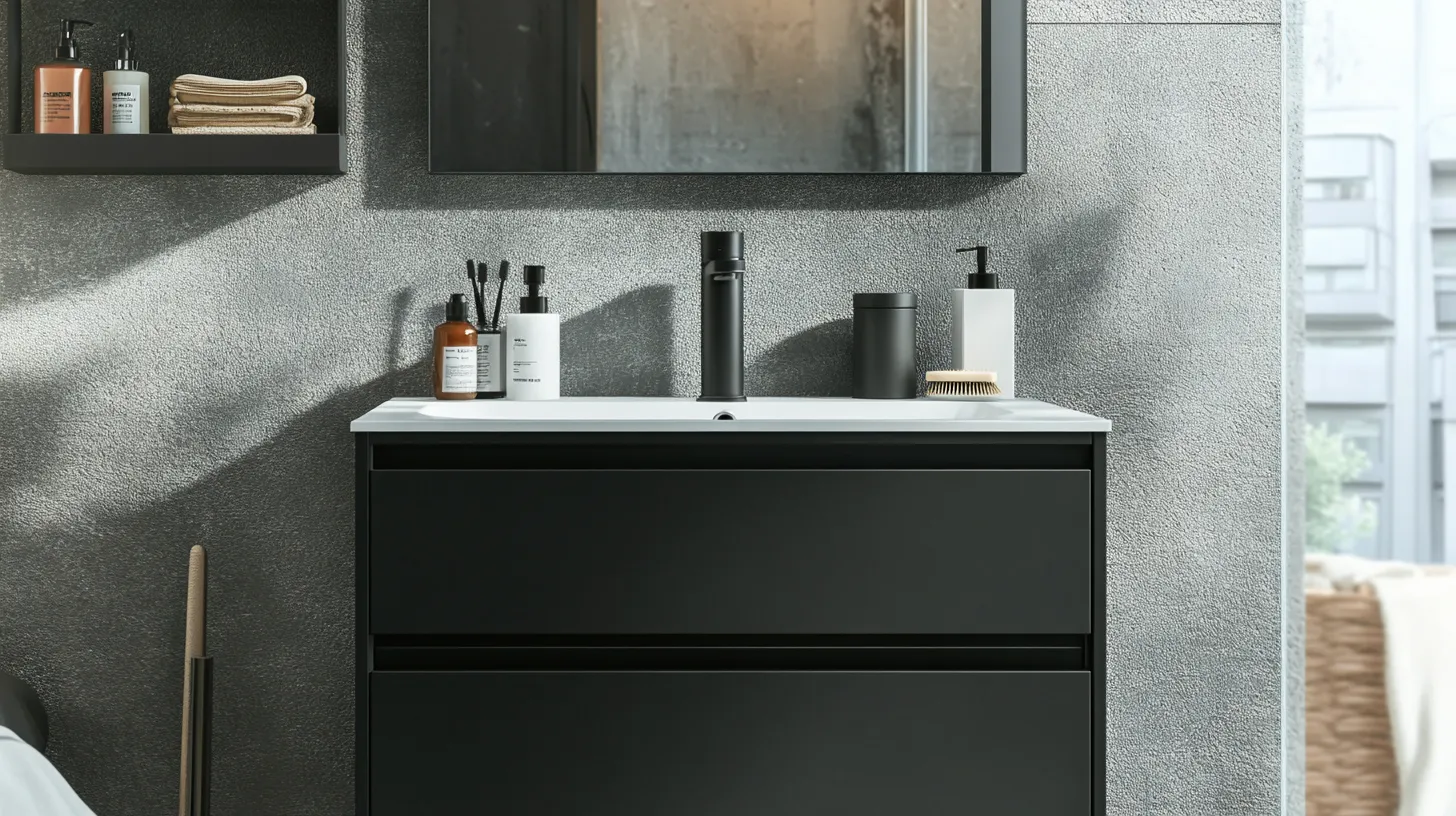 Black bathroom sink cabinet against a grey wall with matching bottles and a black faucet