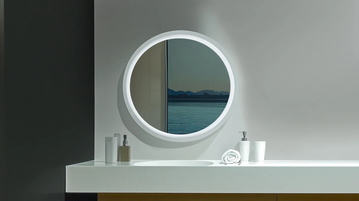 Round mirror with light above a white counter with soap bottles and a small towel