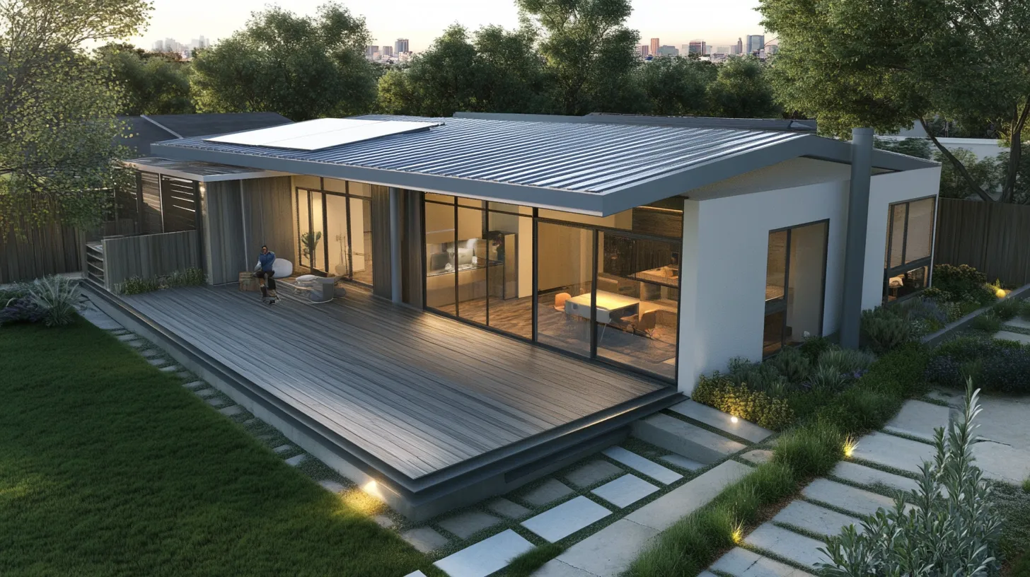 Contemporary small house with large glass windows wooden patio and garden walkway under evening sky light