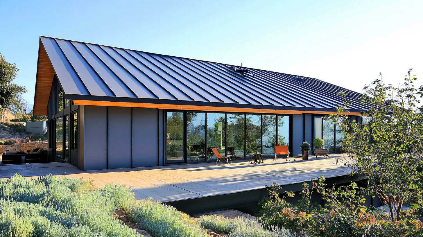 Modern house with grey metal roof large glass doors wooden deck and chairs in garden