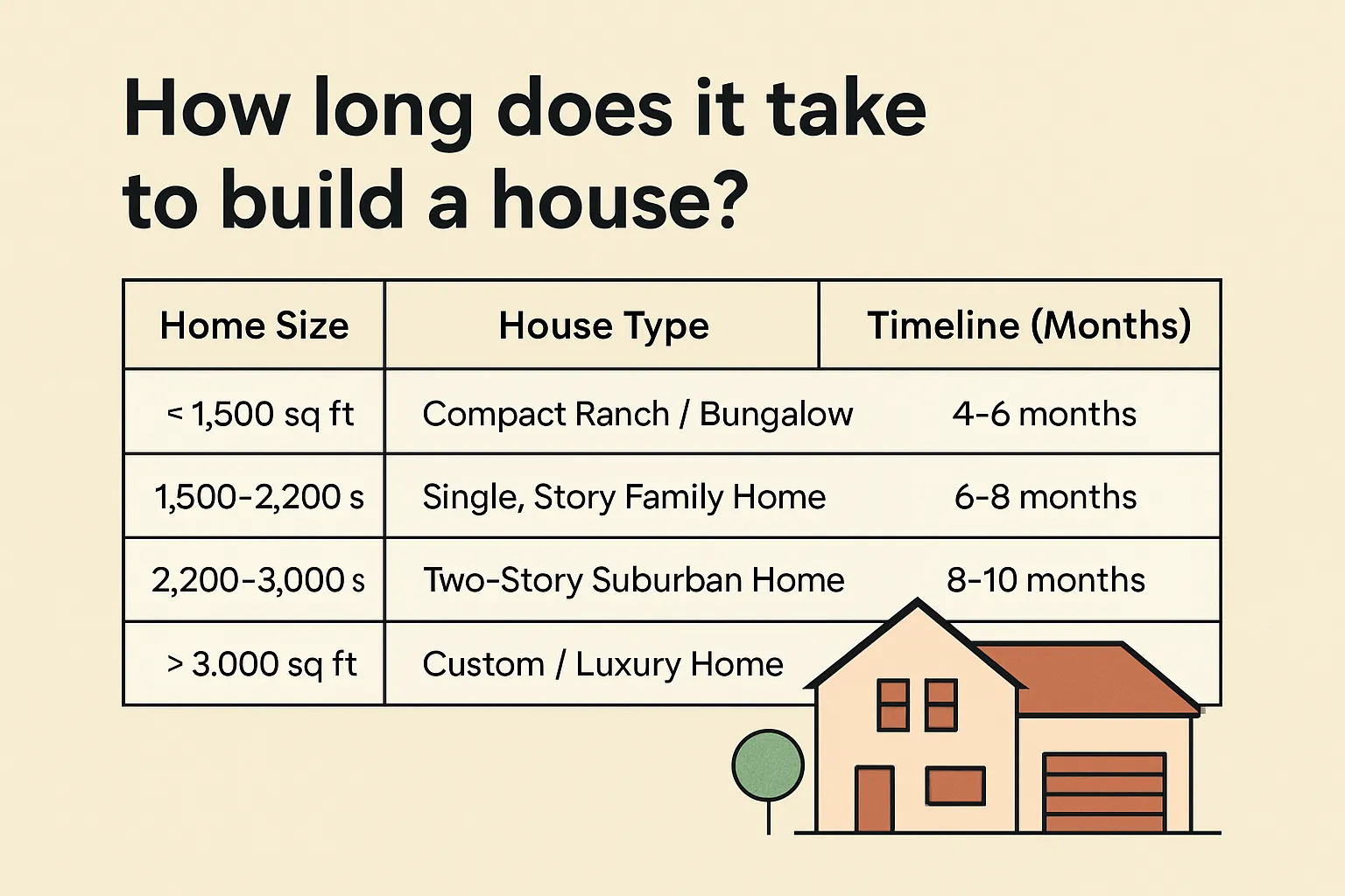 Chart showing house building timelines for different home sizes and types ranging from four months