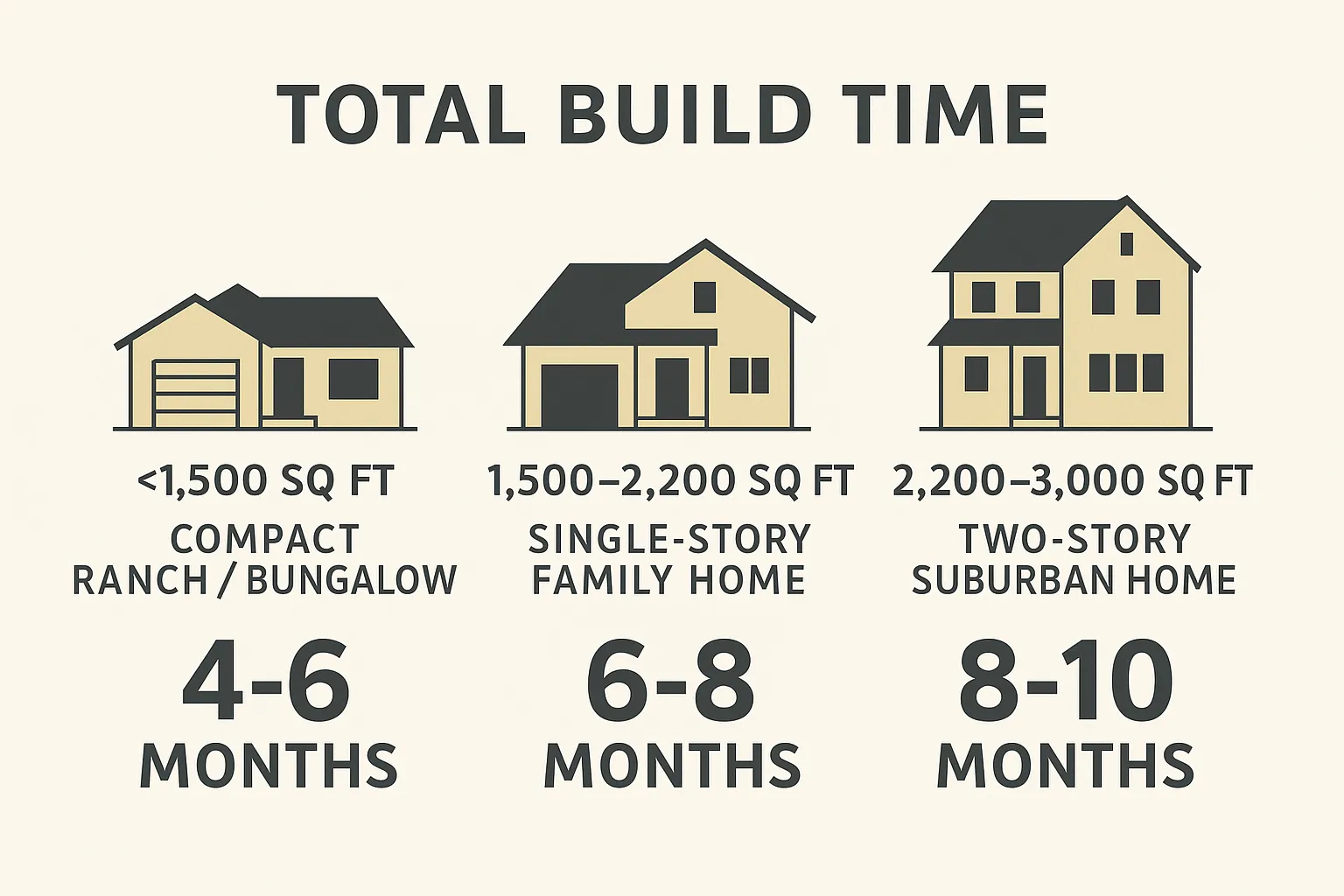 Infographic displaying total build time for three different house sizes and their corresponding monthly timelines