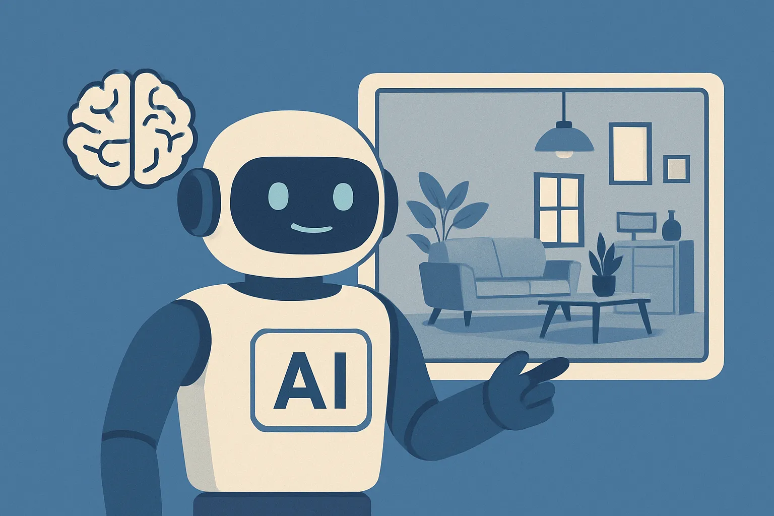 Smart robot pointing at a screen showing a living room interior design with sofa furniture