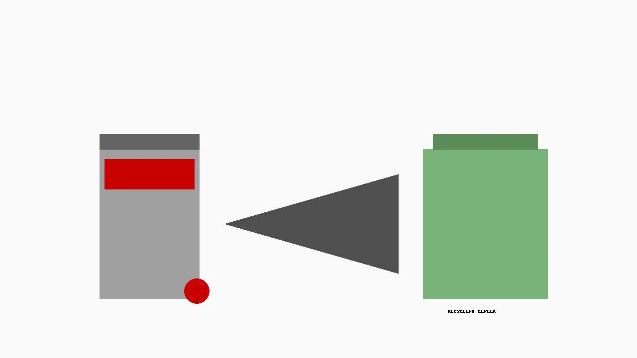 Graphic showing grey bin with red circle and green recycling center bin with dark triangle