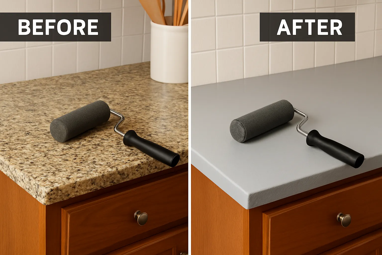 Comparison showing a stone kitchen countertop being painted with a roller into a grey finish