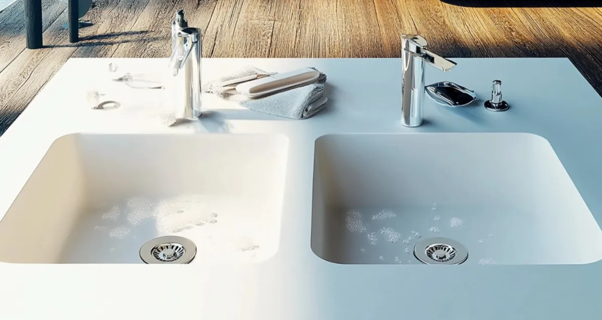 Modern double sink bathroom vanity with two silver faucets towels and soap on white countertop