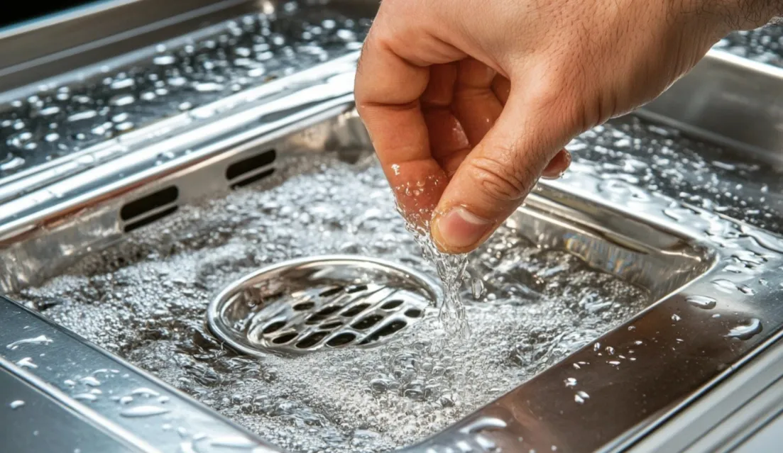 Close up view of person testing water flow in a stainless steel kitchen sink drain