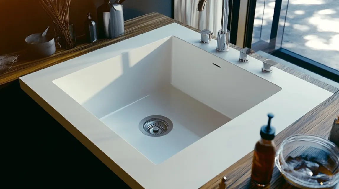 Modern white square kitchen sink set into a dark wood countertop with silver faucet taps