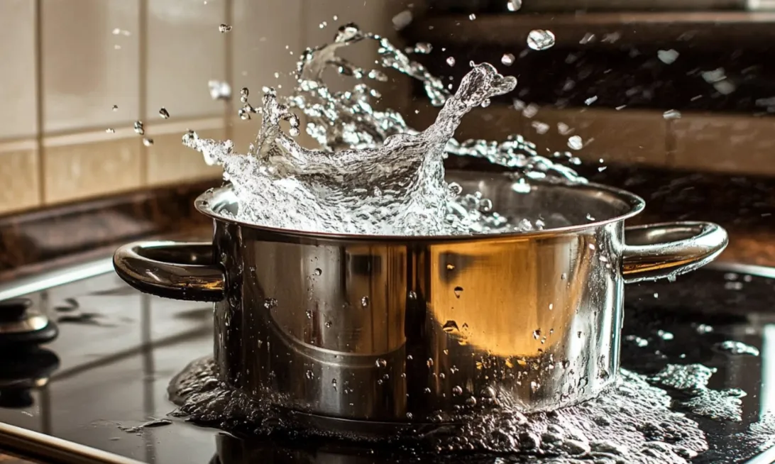 Stainless steel pot on a black stove with water splashing high out of the top