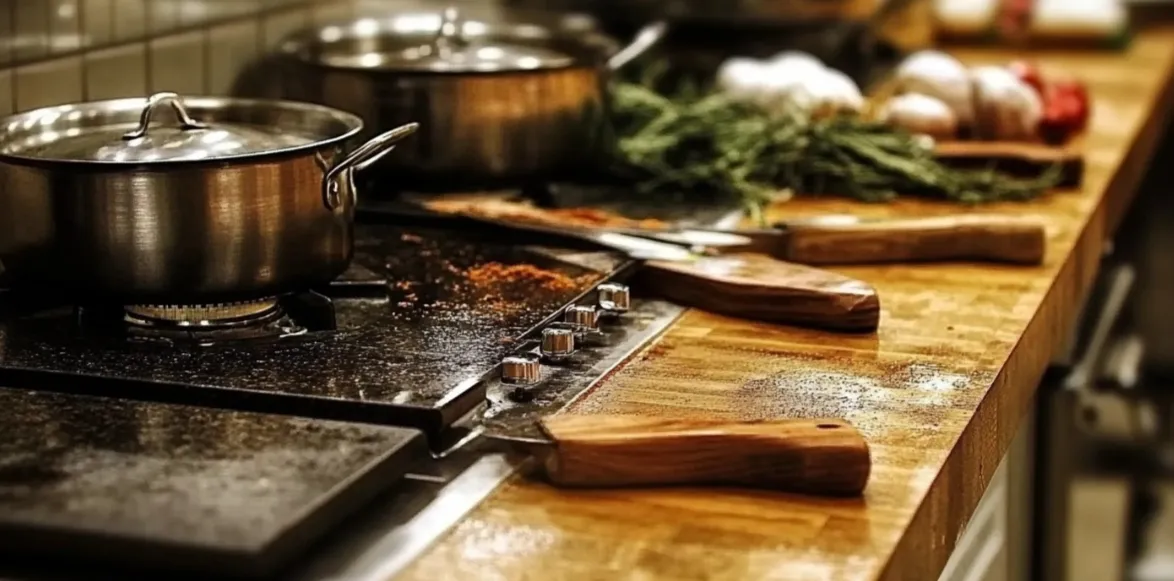 Professional kitchen counter with metal cooking pots wood cutting board knives and fresh vegetable ingredients