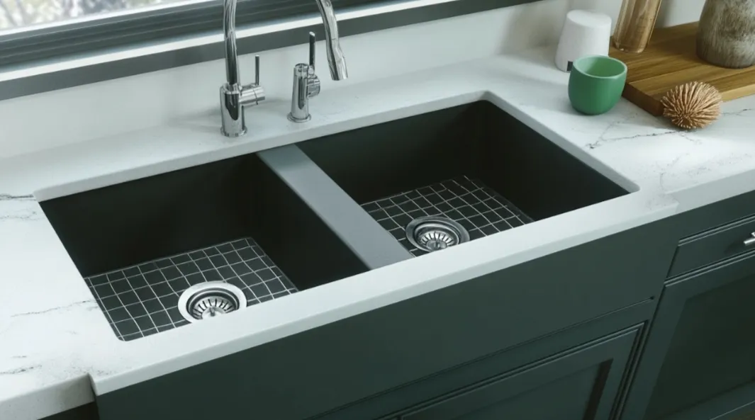 Dark double kitchen sink built into white marble countertop with a silver faucet and accessories