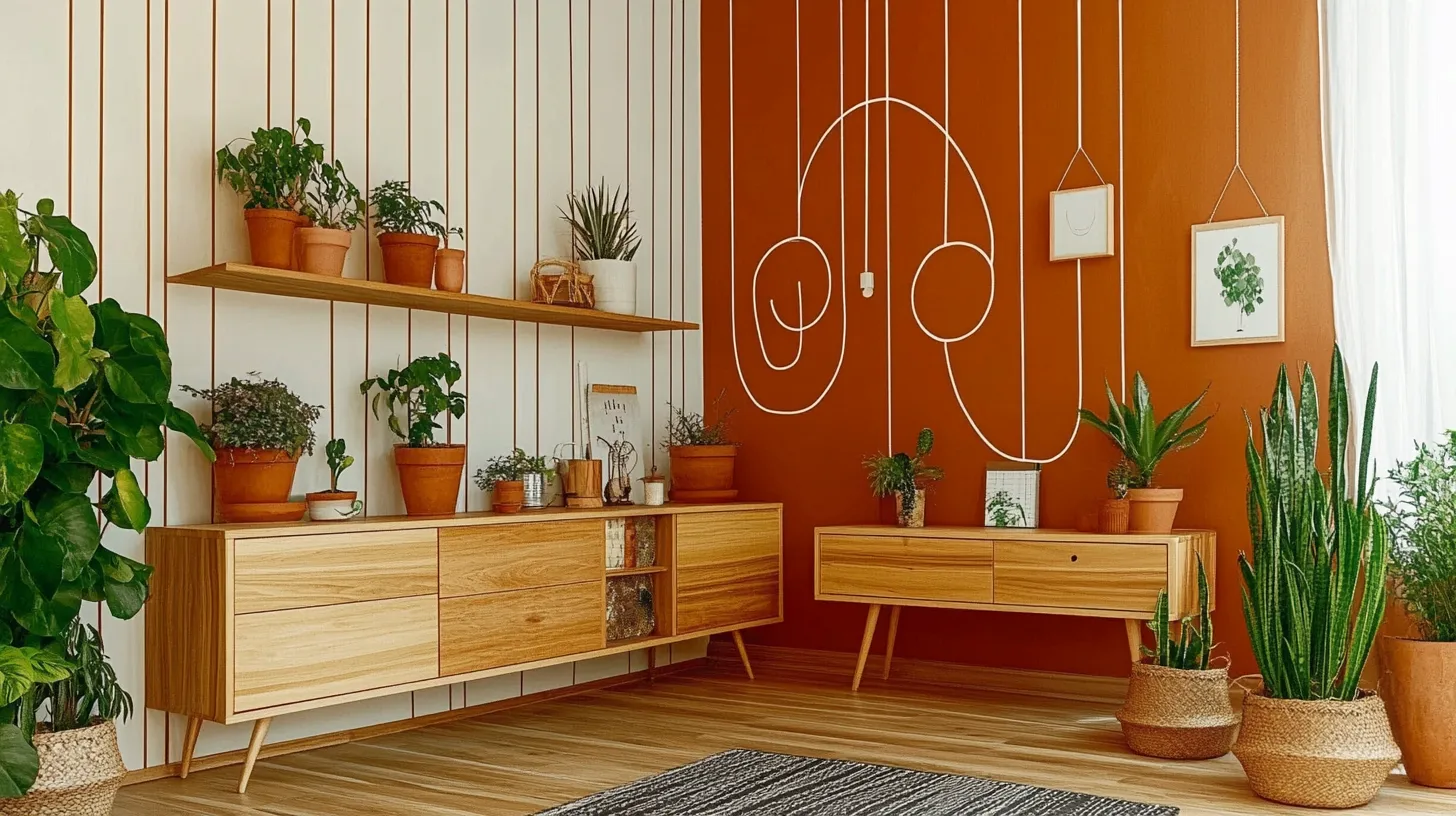 Modern interior design with orange walls, wooden cabinets, shelf, many green potted plants, and decorations